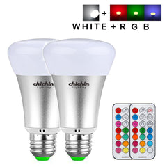 Chichinlighting RGBW 10w A19 LED Bulbs - Timing Remote Controller - Color Changing 10 Watt LED Bulbs - Double Memory - Wall Switch Control – Daylight White and Color (Pack of 2)